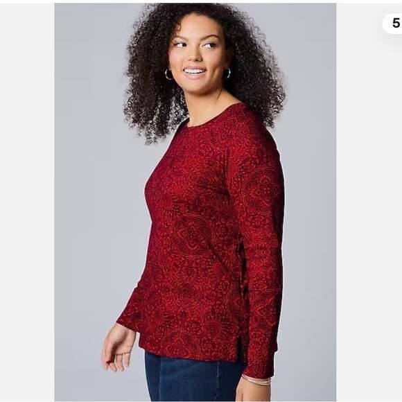 J. Jill Tops - J. Jill Red Printed Long Sleeve Pima Crew Neck Tee